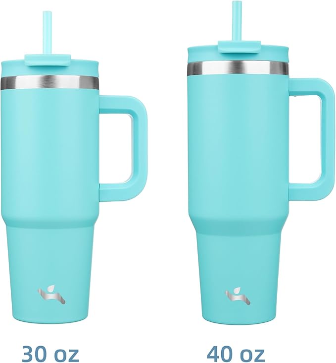 40 oz Tumbler with Handle and 2 Straws,2 in 1 Lid Insulated Water Bottle Stainless Steel Travel Coffee Mug,Turquoise