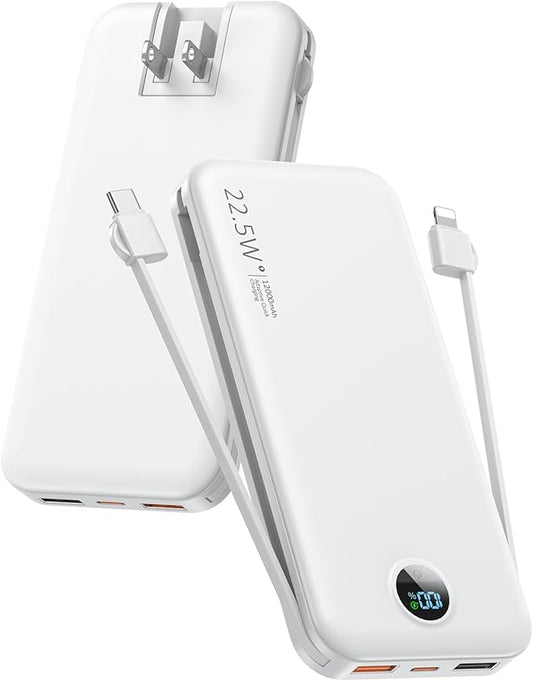 Portable Phone Charger, 12000mAh 22.5W Fast Charging Power Bank with Built-in Cables & Wall Plug, External Battery Bank with LED Display, Travel Essential Battery Pack for iPhone, iPad, Samsung White