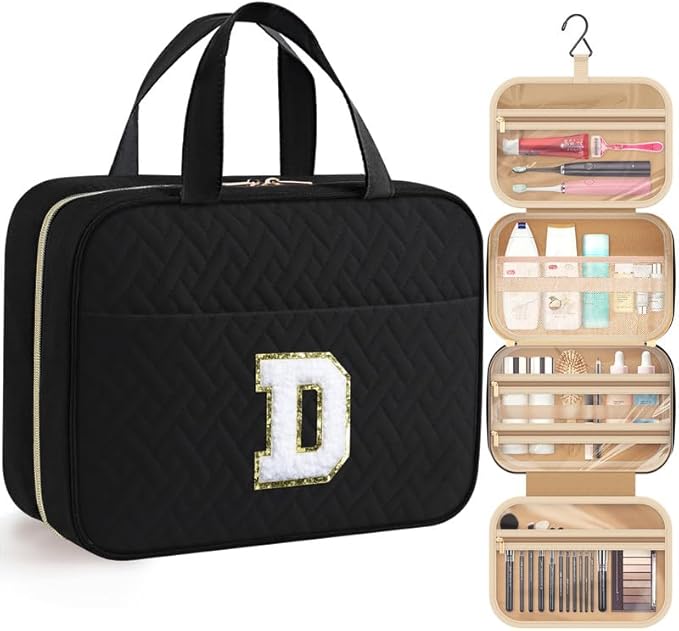 HOTOR Travel Toiletry Bag - Personalized Chenille Initial Makeup Bag, Water-Resistant Personalized Gifts for Women, Portable Travel Accessories & Essentials, Letter D, Black, 11.4"×9.0"×3.35"