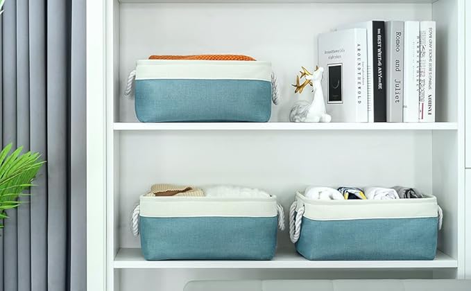 TheWarmHome Fabric Storage Bin with Handles,Storage Basket for Home Storage and Organization, Shelf Basket with Cover for Living Room Bedroom Closet（White & Green Medium 13.8L×9.8W×6.7H