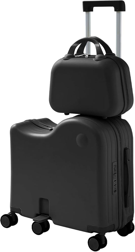 TABU Ride-on Luggage with Handbag for Kids，Hardshell Carry On Suitcase with Hidden Cup Holder, Foldable Pedal,Type-C & USB Interface, TSA Lock, 6-Spinner Wheels, Black