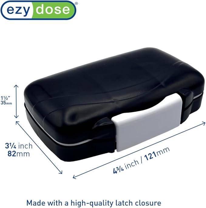 EZY DOSE Moisture-Proof Portable Pill Dispenser, Pocket Purse Organizer, Pharmacy Box, Travel Medication Holder, Latch-Closure to Secure Contents, Oversized Compartments, Airtight Seal, Medium, Black