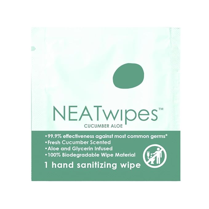 NEATwipes Hand Sanitizing Wipes | Travel Essentials | Disposable Wet Wipe & Planet Friendly | Cucumber Aloe Essential Oil | 10 Pouches of 24 Individually Wrapped Wipes