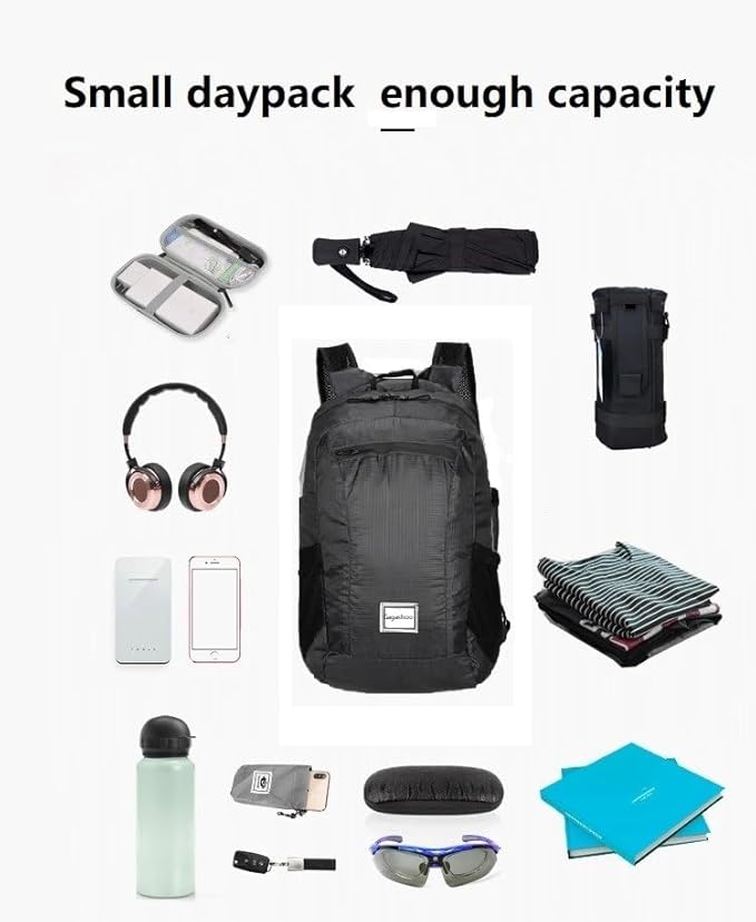 Small Foldable Hiking Daypack Packble Skin Casual Backpack Camping Cycling Travel Outdoor Day Bags Useful (Black)