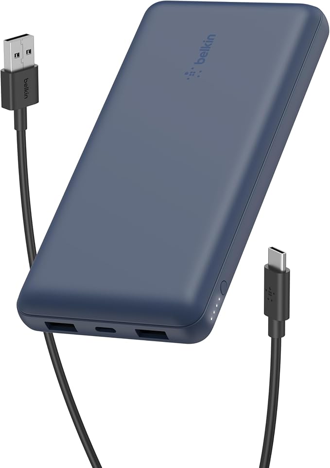Belkin Portable Charger, USB C Power Bank 20000 mAh w/ 2 USB-A Ports, 15W w/ Type-A to Type-C Cable for iPhone 16, 15, Plus, Pro, Max, Samsung Galaxy S25, S24, Google Pixel 10, iPad, etc. - Blue