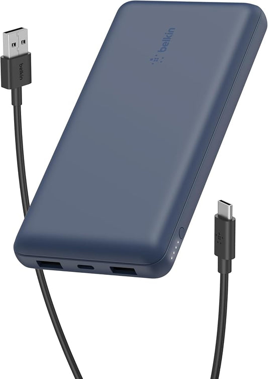 Belkin Portable Charger, USB C Power Bank 20000 mAh w/ 2 USB-A Ports, 15W w/ Type-A to Type-C Cable for iPhone 16, 15, Plus, Pro, Max, Samsung Galaxy S25, S24, Google Pixel 10, iPad, etc. - Blue