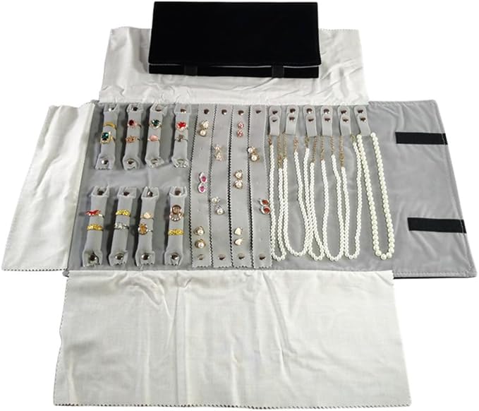 Velvet Travel Jewelry Case Roll Bag Organizer for Necklace Bracelet Earrings Ring (Black) (Black and Grey)
