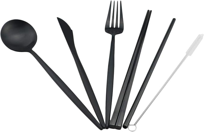 Gugrida Luxury Black Matte Portable 18/10 Stainless Steel Travel Flatware Sets of 7 Portable Camping Cutlery Set, Healthy & Eco-Friendly Flatware Set with Carrying Case for Travel or Camping