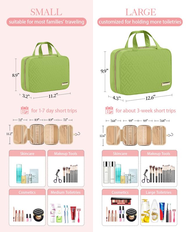 HOTOR Travel Toiletry Bag w/Hanging Hook - Spacious Toiletry Bag Essentials for Women & Men, Makeup Bag/Big Comparment, Waterproof for Travel Accessories, Medium, Avocado Green