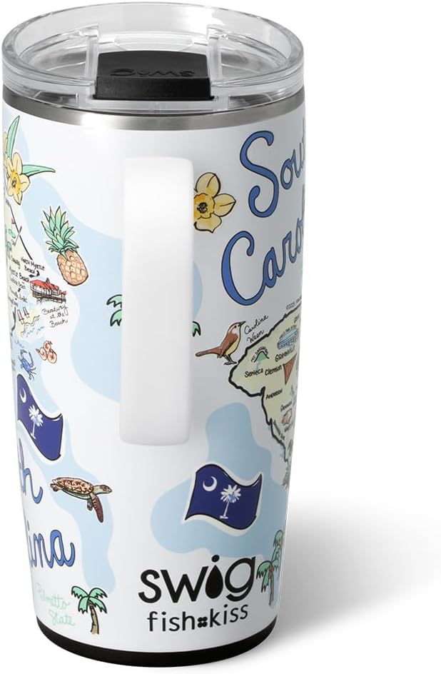 Swig Life 22oz Travel Mug, Insulated Tumbler with Handle and Lid, Travel Coffee Mug, Cup Holder Friendly, Stainless Steel 22 oz Tumbler, Reusable Insulated with Lid (South Carolina)