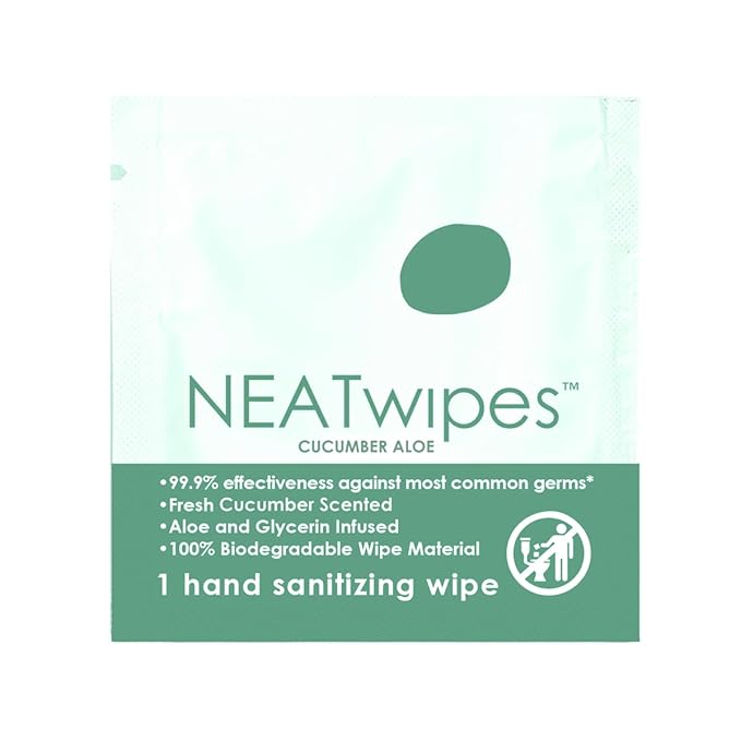 NEATwipes Hand Sanitizing Wipes | Travel Size | Disposable Wet Wipe & Biodegradable | Cucumber Aloe Essential Oil | Soothing Aloe & Glycerin | 24 Individually Wrapped Wipes