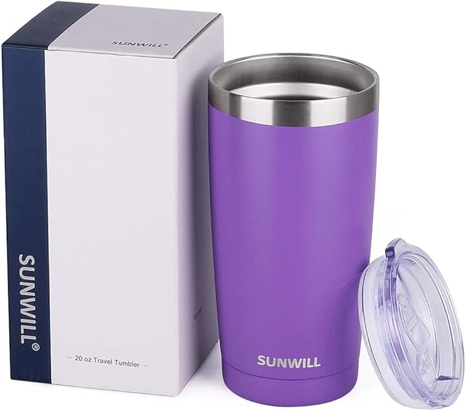 SUNWILL Travel Coffee Tumbler 20 oz, Insulated Mug with Lid, Stainless Steel Cup for Hot and Cold Drinks, Powder Coated Purple