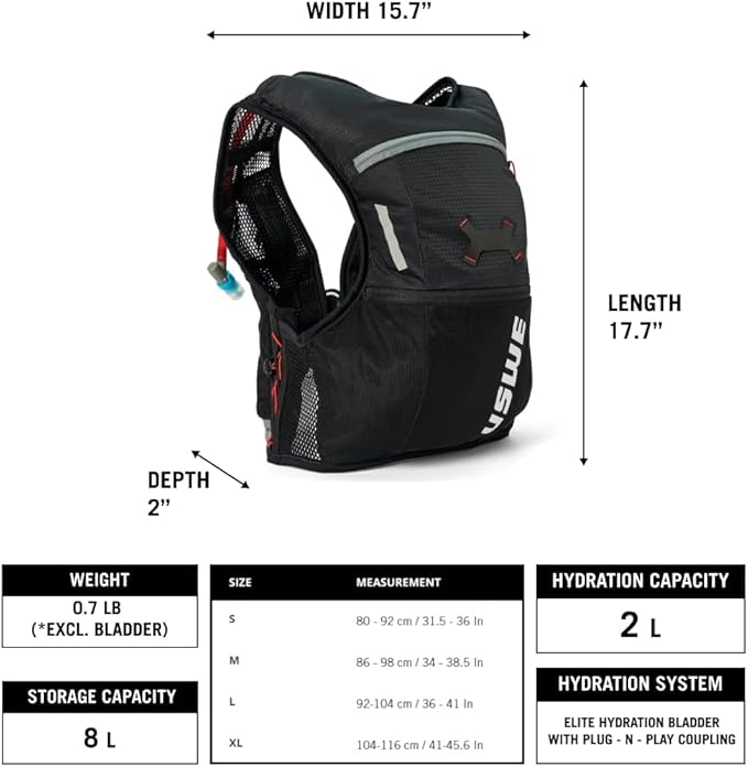 USWE Rush 8L Bike Hydration Vest, Adjustable Chest Straps Running Hydration Vest, 2.0L Hydration Bladder, Mountain Biking, Gravel & Cycling with Reflective Details, Men & Women