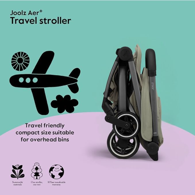 Joolz AER+ Lightweight & Compact Travel Stroller - Portable One-Hand Fold Design - Ergonomic Seat for Infant & Toddler (up to 50 lb) - XXL Sun Hood - Stroller for Airplane -Travel Pouch- Sage Green