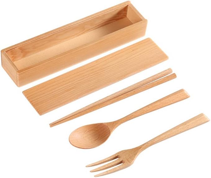 Sanrich Wood Cutlery Set Chopsticks Spoon Fork Kit with Case School Office Lunch Reusable Tableware Camping Flatware Dinnerware Travel Utensils