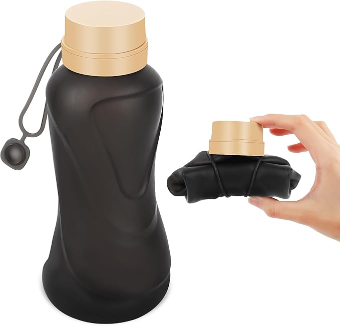 Collapsible Water Bottles,650ml,Leak Proof,Reuseable BPA Free Silicone Foldable Water Bottles,Durable Lightweight for Travel Gym Camping Hiking,Compact Size Portable Sports Water Bottle (Black)