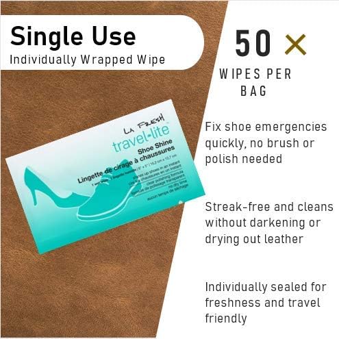 LA Fresh Travel Lite Pre-Moistened Shoe Shine Wipes Pack of 50 Individually Wrapped Streak-Free Cleaning Wipes Perfect For Use On Leather Convenient Size For On The Go