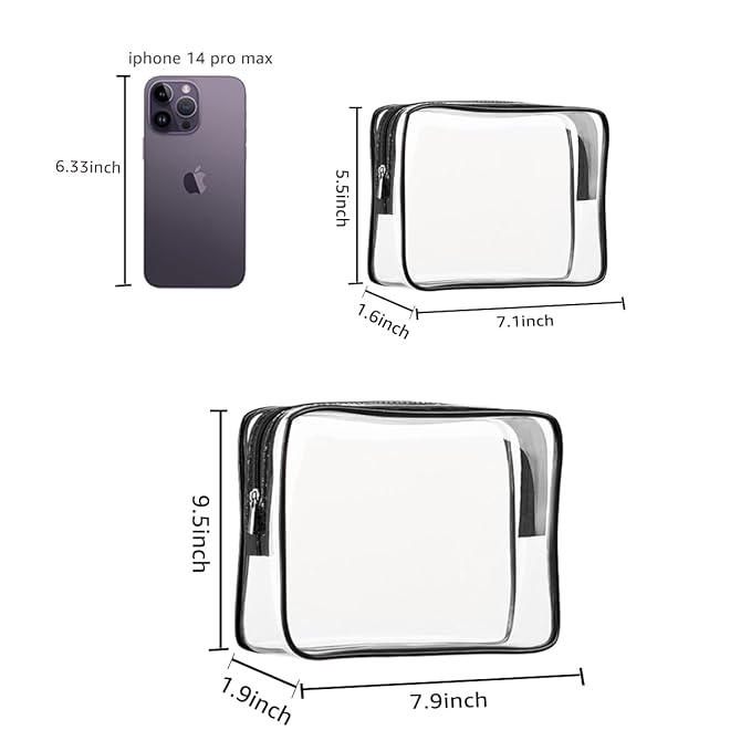 2Pcs Crystal Clear PVC Travel Toiletry Bag Kit for Women Men, Waterproof Vinyl Packing Organizer Storage Bags with Zipper Handle Straps, Cosmetic Pouch Carry on Airport Airline Compliant Bag Handbag