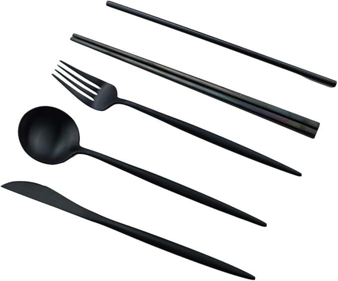 Gugrida Reusable Travel Utensils, 7 Piece Portable 304 Stainless Steel including Knife Fork Spoon Chopsticks Cleaning Brush Straws Portable Pouch, Eco-friendly Camping Silverware Set, Dishwasher Safe