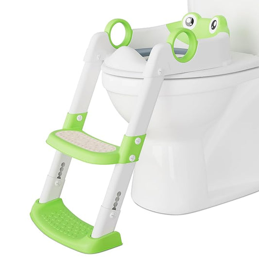 Potty Training Seat with Step Stool Ladder, Toddler Toilet Seat with PU Cushion, Adjustable 5-Level Height, Foldable Potty Training Toilet for Kids Boys Girls, Anti-Slip Pads Ladder