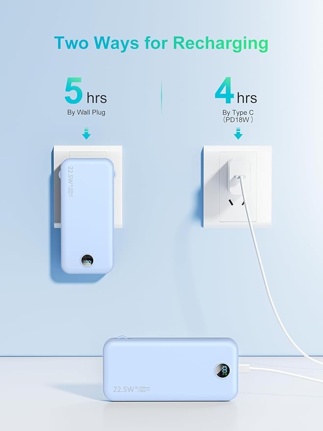 Portable Charger with Built-in Cables and Wall Plug, 12000mAh 22.5W USB C Power Bank Fast Charging with LED Display, External Battery Pack Travel Essentials Compatible with iPhone, iPad, Samsung Blue