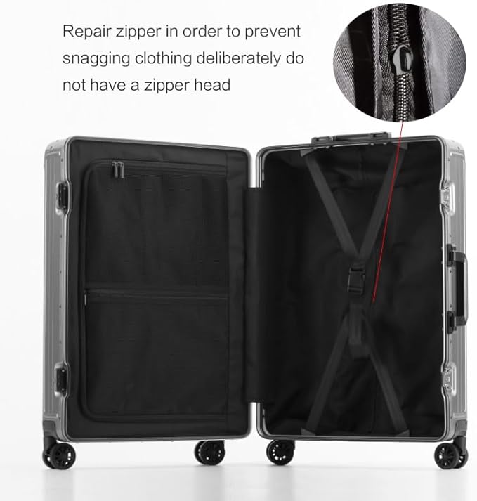 Metal all aluminum carry-on suitcase 20 "hard face, TSA lock and rotating wheel zippered luggage set (dark grey, 24 '')