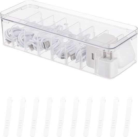 Yesesion Clear Plastic Cable Organizer Box with Adjustment Compartments, Desk Accessories Storage Case with Lid and 10 Wire Ties for Drawer, Office, Art Supply, Electronic Management