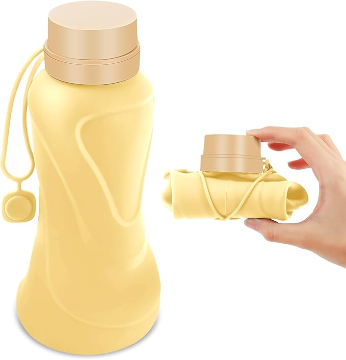 Collapsible Water Bottles,650ml,Leak Proof,Reuseable BPA Free Silicone Foldable Water Bottles,Durable Lightweight for Travel Gym Camping Hiking,Compact Size Portable Sports Water Bottle (Yellow)
