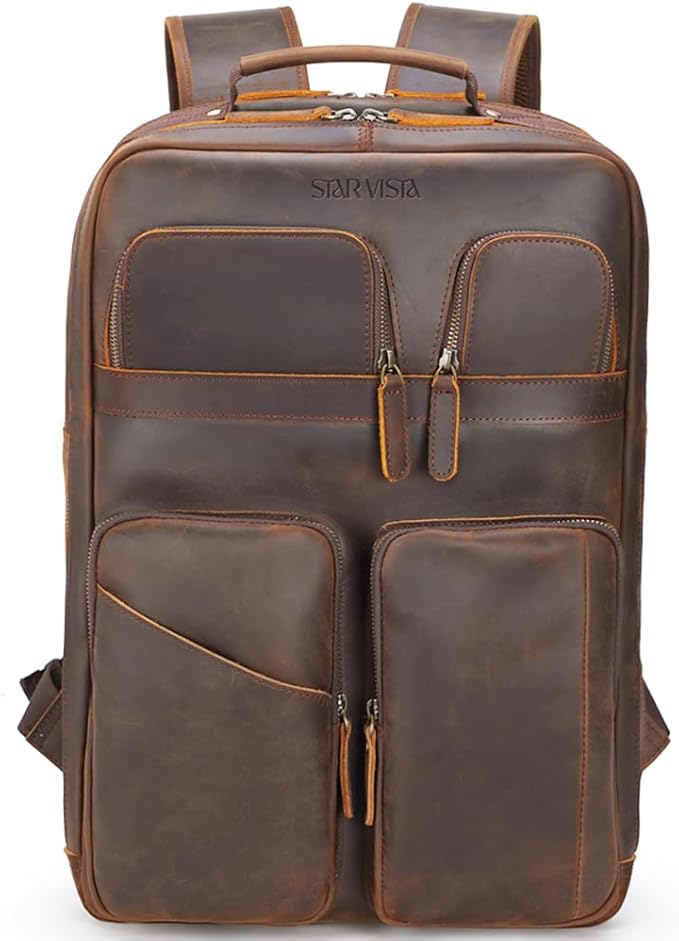 STAR VISTA Angelo 17.3" Vintage Full Grain Leather Laptop Backpack for Men, Multi Pockets, Casual Outdoor Business Travel Rucksack, YKK Zippers, Dark Brown
