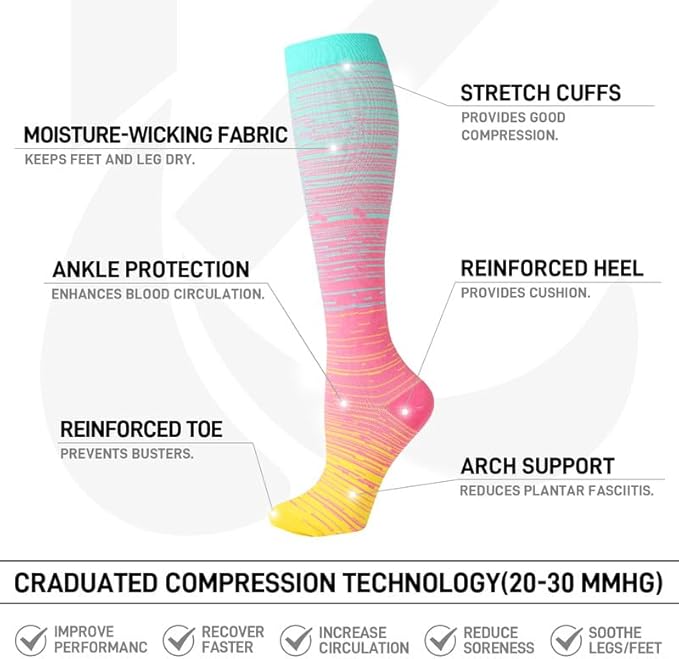 Kickticks 4 Pairs Compression Socks for Woman & Man Unisex 20-30mmHg Knee high Plus Size Wide Calves for Flying Running…
