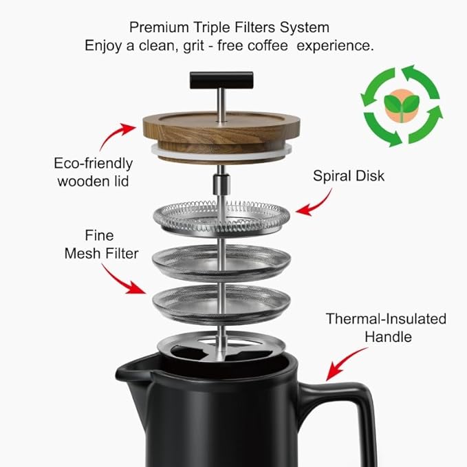 DHPO Ceramic French Press Coffee Maker, 22 Ounce Coffee Press Manual Brewer with Walnut Wood Lid, Premium Food Grade Stainless Steel Filter with Dual Screen for Coffee and Loose Tea, Gift Box, Black