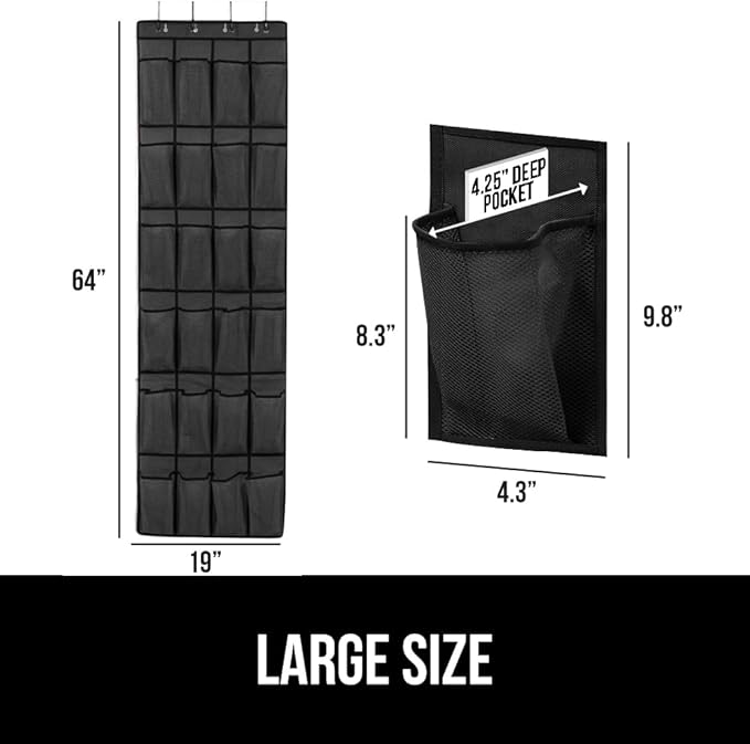 GORILLA GRIP Over the Door Shoe Organizer, 24 Large Breathable Mesh Pockets, Space Saving Hanging Storage Holder, Closet Rack Hanger Holds Up to 40 lbs, Hangs on Closets for Shoes, Accessories, Black