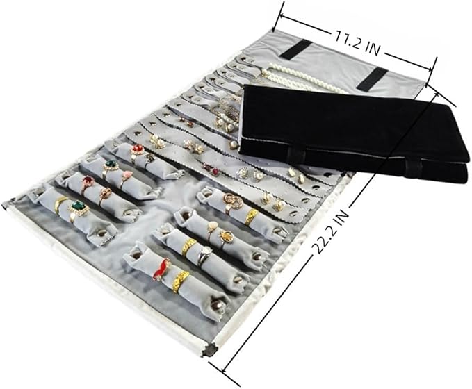 Velvet Travel Jewelry Case Roll Bag Organizer for Necklace Bracelet Earrings Ring (Black) (Black and Grey)