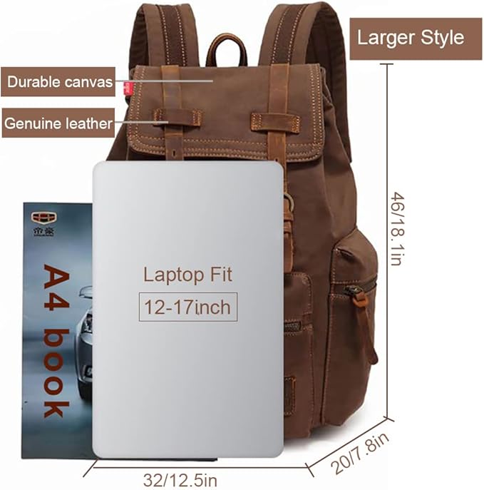 AUGUR High Capacity Canvas Vintage Backpack - for School College Hiking Travel 12-17" Laptop