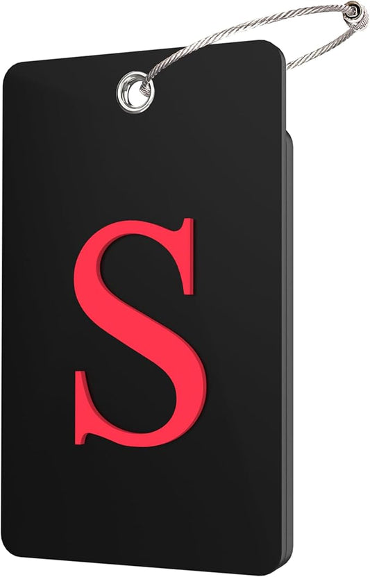 Gostwo 2 Pack Luggage Tags for Suitcases, 26 Initial Letter Travel Luggage Baggage Identification Labels ID Tag Fully Bendable Tags with Stainless Steel Loop (Black) (Letter S)