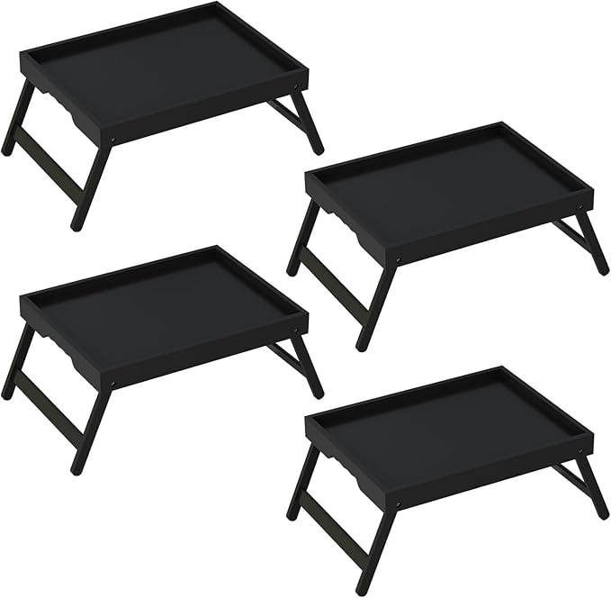 Bed Tray Table with Folding Legs, Bamboo Breakfast in Bed for Kitchen Serving Tray, Sofa, Eating, Used As Laptop Desk Snack Tray (4 Pack, Black Color)