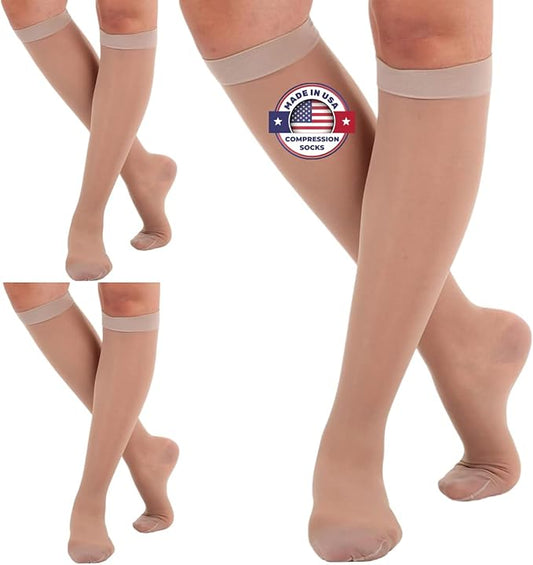 (3 Pairs - Closed Toe) Made in USA - Compression Stockings for Women 15-20mmHg - Sheer Compression Socks for Edema, Pregnancy, Diabetic, Post Surgery Recovery - Nude, Small - A101NU1-3