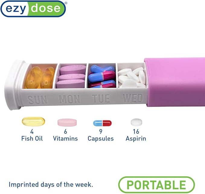 EZY DOSE Slide Pill Organizer, Medication Storage Case with Durable BPA-Free Plastic with Plastic Exterior, Large 7-Day Weekly Compartments, Tablets, Vitamins, Compact, 6.5-Inch, Pink