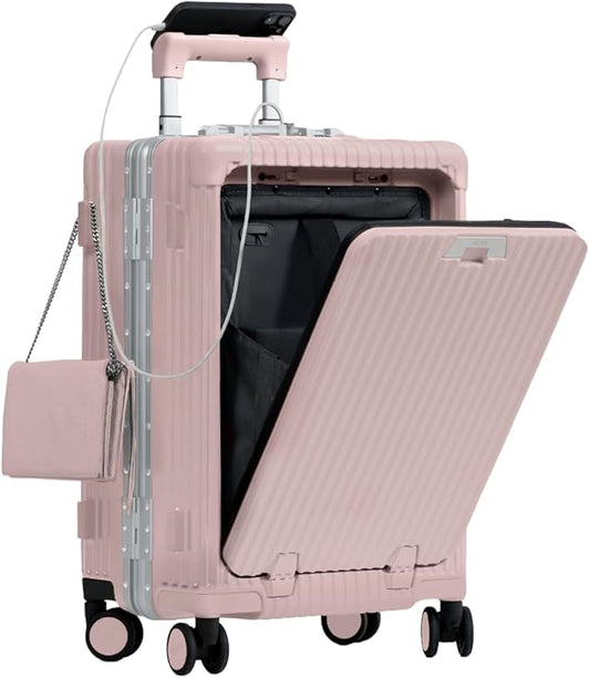 Nobl Travel Carry On Luggage, Noble Zipperless Aluminum Frame PC Hard Shell Suitcase, 20.8"x15"x8.7" Airline Approved, 360° Spinner Wheels, TSA Locks, USB Charging Port, Cup & Phone Holder - Pink