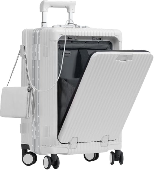 Nobl Travel Carry On Luggage, Noble Zipperless Aluminum Frame PC Hard Shell Suitcase, 22.5x15x9.5 Airline Approved, 360° Spinner Wheels, TSA Locks, USB Charging Port, Cup & Phone Holder - White