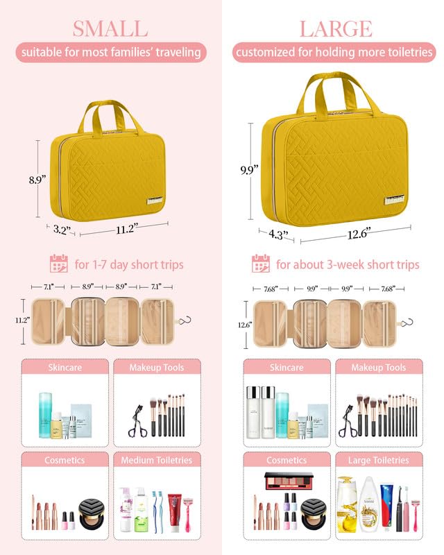 HOTOR Travel Toiletry Bag w/Hanging Hook - Spacious Toiletry Bag Essentials for Women & Men, Makeup Bag/Big Comparment, Waterproof for Travel Accessories, Medium, Yellow