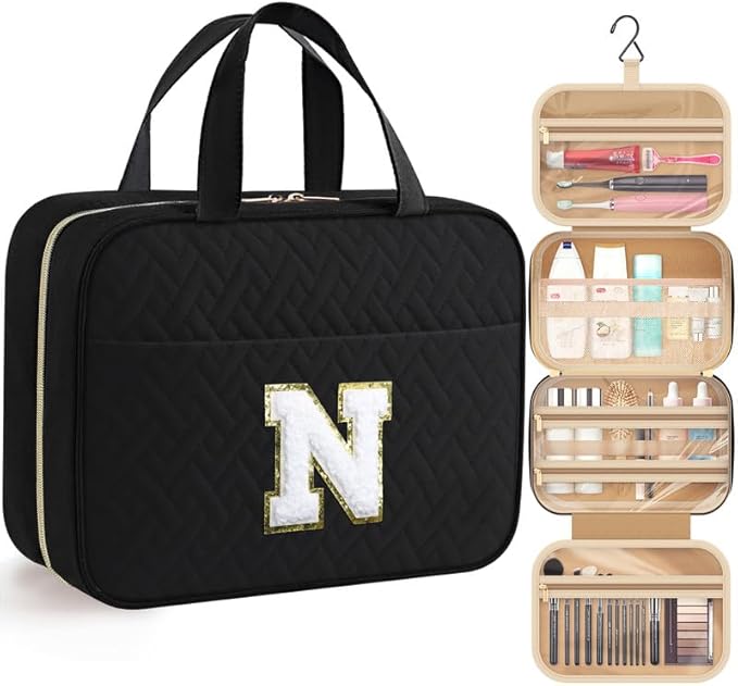 HOTOR Travel Toiletry Bag - Personalized Chenille Initial Makeup Bag, Water-Resistant Personalized Gifts for Women, Portable Travel Accessories & Essentials, Letter N, Black, 11.4"×9.0"×3.35"