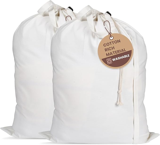 LFH Home Cotton Canvas Large Laundry Bag with Handle, Heavy Duty Drawstring Closure Washable Laundry Bags, School Travel, Home, Hotel, College Dorm, Organizer Sack, Toy Clothes 20x30 (Pack of 2)-White