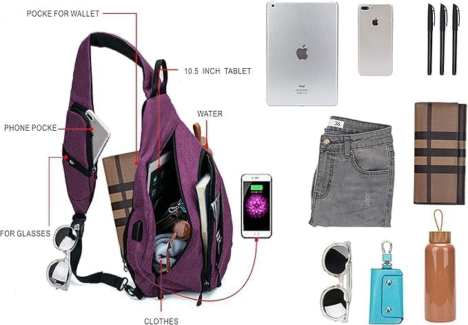 Water-Proof Sling bag/Crossbody Backpack/Shoulder Bag with USB Charging Port for Travel, Hiking, Cycling, Camping