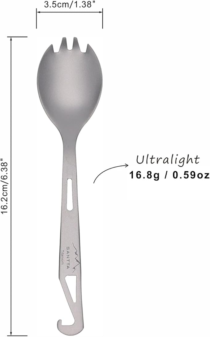 SANTTA Titanium Camping Spork Set of 2 Piece, Spoon Fork and Bottle Opener 3 in 1, Ultra light Multifunctional Ti Utensils with Storage Bag for Camping Backpacking Hiking Fishing Picnic and Travel