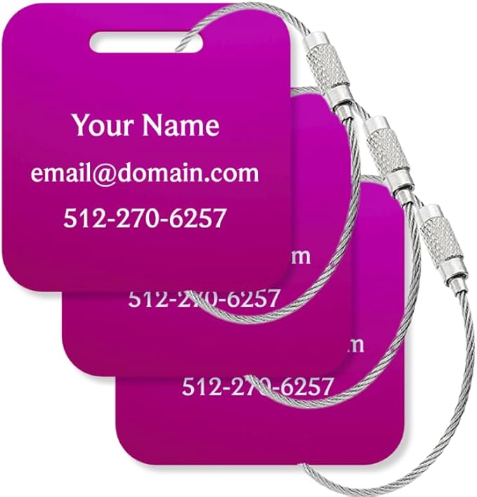 Custom Metal Luggage Tags (3 or 6 Pack) - Personalized Unique Suitcase & Backpack Travel, Durable, Waterproof & Heavy Duty (Purple)