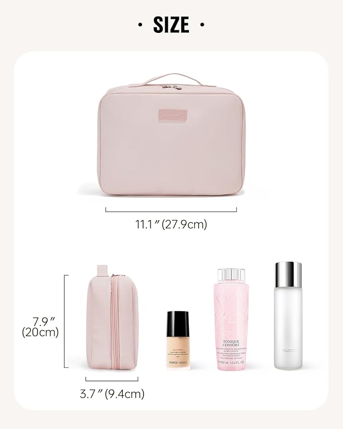 EACHY Travel Toiletry Bag with Hanging Hook, Portable Makeup Cosmetic Bags for Women, Water-Resistant Full-Size Travel Accessories (Pink)