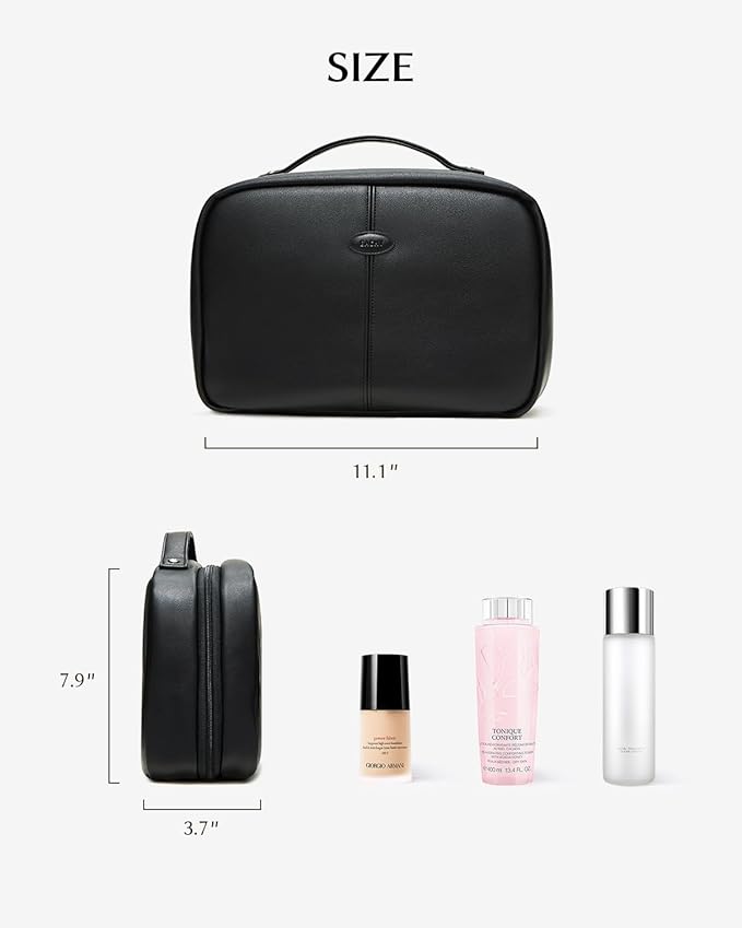 EACHY Toiletry Bag with Hanging Hook, Travel Makeup Bag PU Leather Cosmetic Bags for Women Make Up Organizer with 4 Compartments Waterproof Full-Size Portable Travel Essentials (Black，Pro)