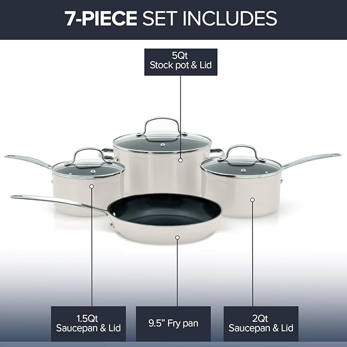 Nuwave Healthy Duralon Blue Ceramic Nonstick Coated 7pc Cookware Set, Scratch-Resistant Diamond Infused, PFAS Free, Induction Ready & Evenly Heats, Oven Safe, Tempered Glass Lids