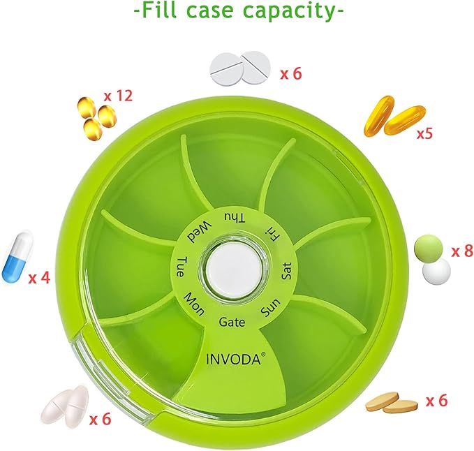 INVODA Weekly Pill Organizer 7 Compartment Rotating Pill Box for Daily Medication & Vitamins - Portable Travel Pill Case Fish Oil Supplements Vitamins Organizer (Orange)